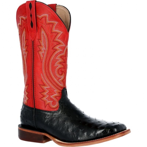 Durango Men's Premium Exotics Fiery Red Full-Quill Ostrich Western Boot-Black Ostrich And Fiery Red | Outlet Sale