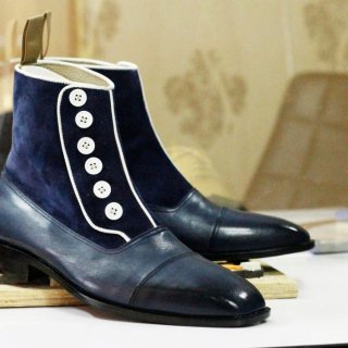 Men's Handmade Leather & Suede Button Top Boots Bespoke Navy Dress | Save More