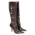 Women's Vintage Shiny Brown Leather Pointy Toe Folded High Heel Boots | Save More