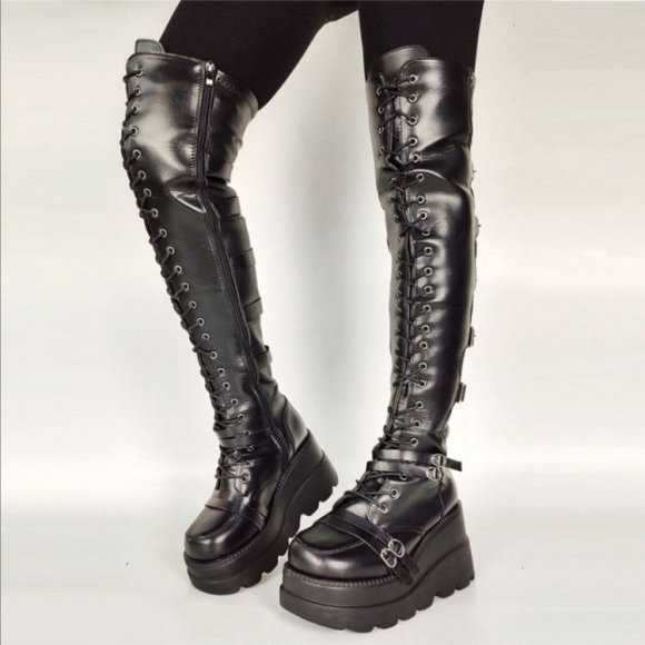 Women's Black PU Leather Thigh High High Platform Gothic Boots Round | Save More