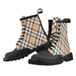 Women's Cream Plaid Boots Tartan Tan White Check Vegan | Save More