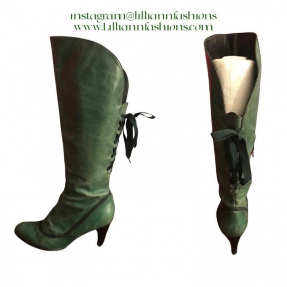 Women's Green Distressed Leather Corset Boots Victorian Romantic Style | Save More