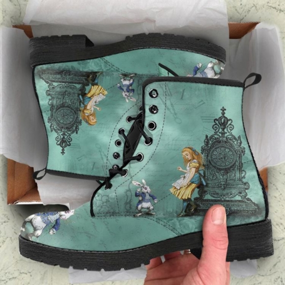 Women's Combat Boots Alice in Wonderland Custom Vegan Leather Boots | Save More