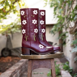 Women's Flower Boots Burgundy Red | Save More