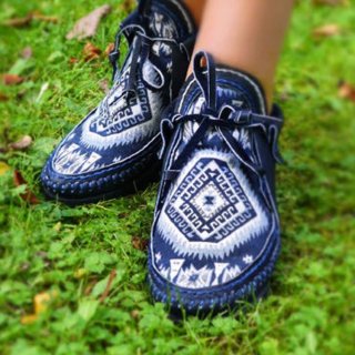 Women's Blue Leather Moccasins With Native American Tribal Fabric | Save More