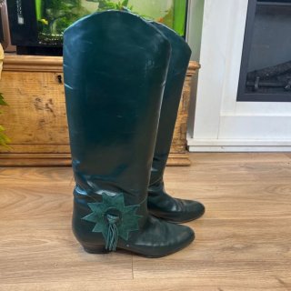 Women's Vintage 1980's or 90's Green Leather Boots Tassel | Save More