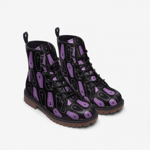 Men's Purple Coffins on Black Unisex Combat Boots Pastel Goth | Save More