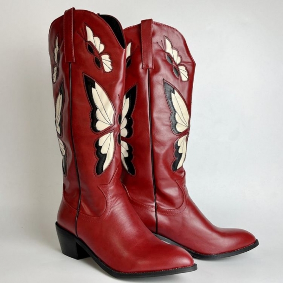 Women's Red Cowboy Boots Butterfly Embroidered Cowgirl Boots Vintage | Save More