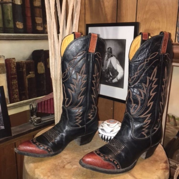 Men's Vintage Nocona Lizard Stitched Wingtip & Trim Black Cowboy | Save More