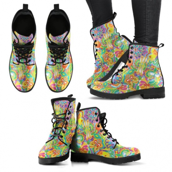 Women's Combat Boots Colorful Dragonfly Handcrafted Leather | Save More