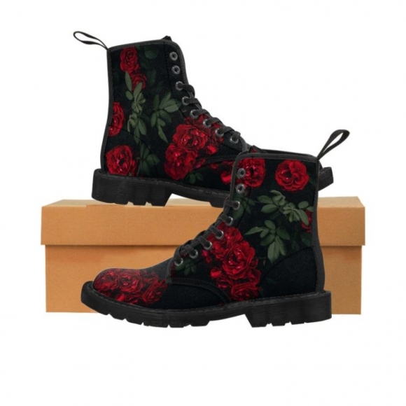 Women's Red Rose All Over Print Canvas Boots | Save More