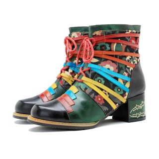 Women's Multicolor Ankle Boots Lace up Vintage Boots Handmade | Save More