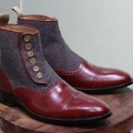 Men's Handmade Leather Shoes Burgundy Leather and Tweed Ankle High | Save More