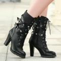 Women's Goth Black Platform Heels Faux Leather Lace-up Boots Urban | Save More