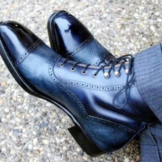 Men's Handmade Blue Leather Ankle High Boot Dress Formal | Save More