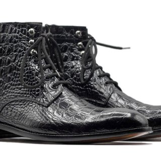 Men's Handmade Black Alligator Texture Leather Bootss | Save More