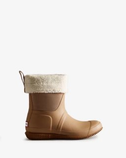 Hunter | Women's Insulated Roll Top Vegan Shearling Boots-Tawny Brown/White Willow | New Outlet