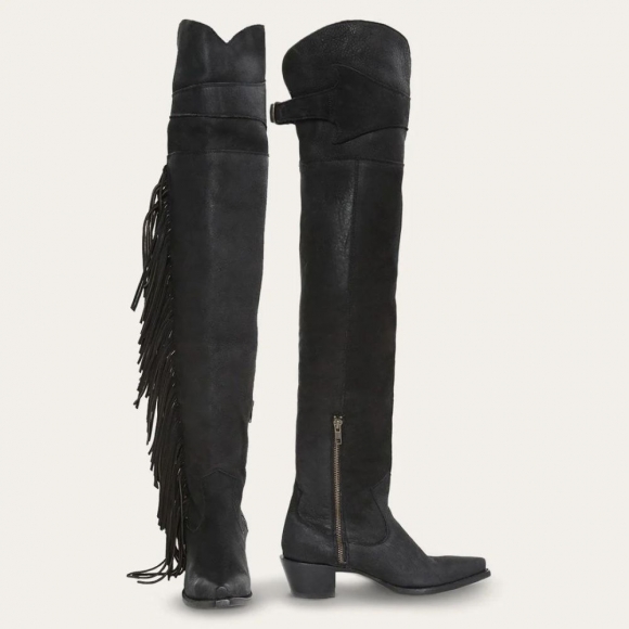 STETSON WOMEN'S BLACK FRINGE OVER-THE-KNEE LEATHER BOOT-Black | ONLINE OUTLET